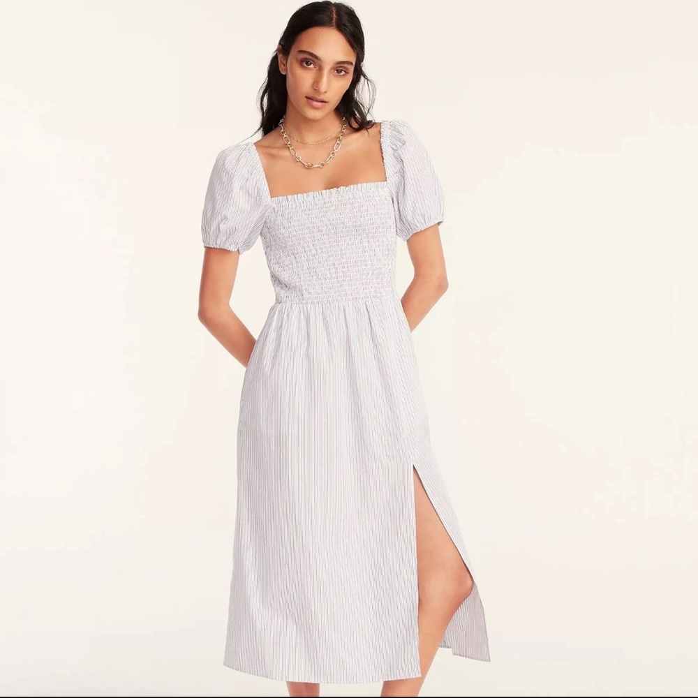 NWT J.Crew Short Sleeve Smocked Dress in Stripe with pockets and slit, sz Medium